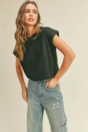 Jade Cap Sleeve T Shirt in Black ResilientStretch HighCollar Design