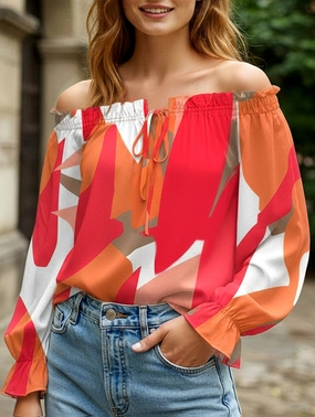Off-the-shoulder lantern sleeves shirt Wrinkle Resistant Treatment