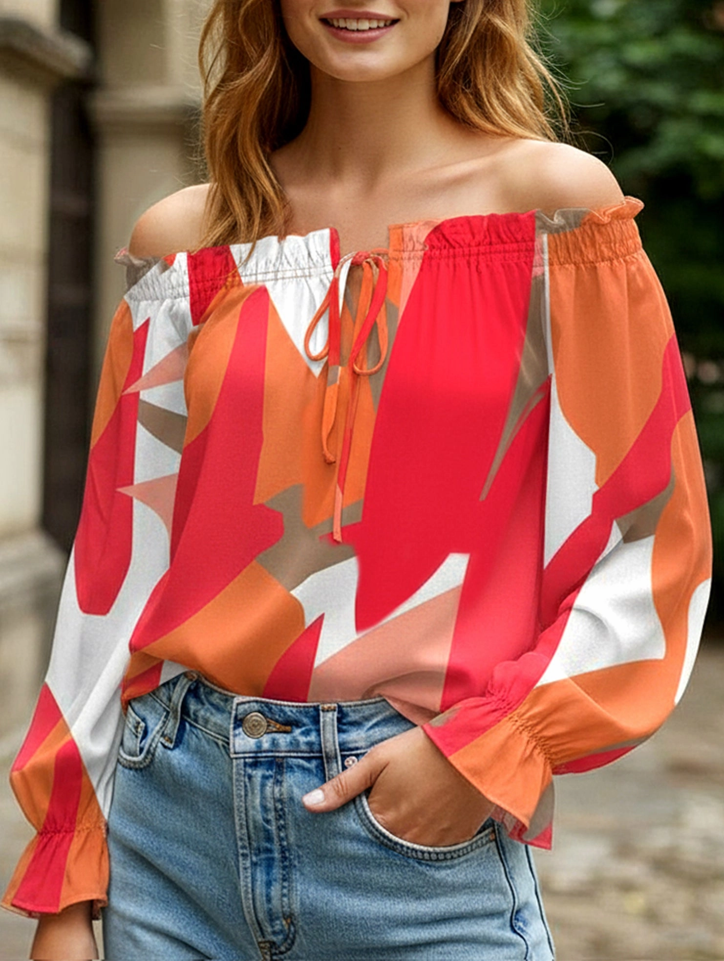 RubberizedGrip Off-the-shoulder lantern sleeves shirt