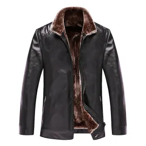Thicken PU Leather Jacket Warm Fleece Collar Shoulder Stitching Outwear for Men