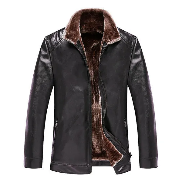Thicken PU Leather Jacket Warm Fleece Collar Shoulder Stitching Outwear for Men