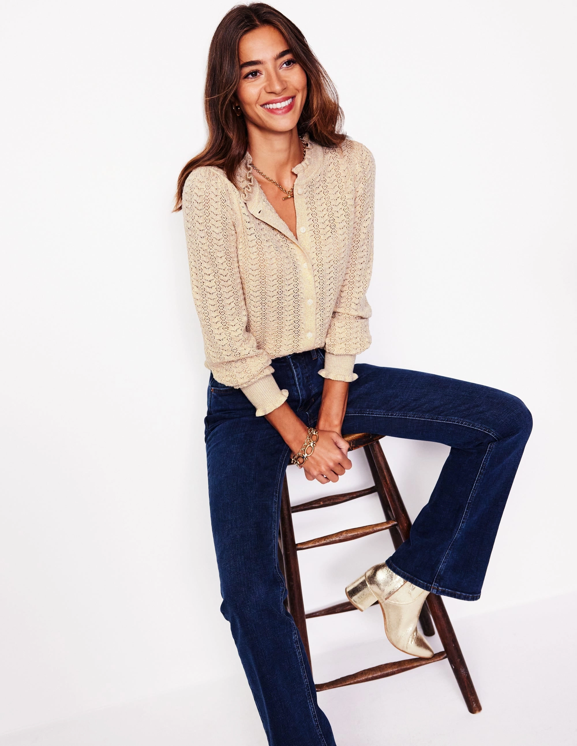 Essential Layer Seasonal Casual Look Tia Pointelle Frilled Cardigan-Gold Oatmeal Melange
