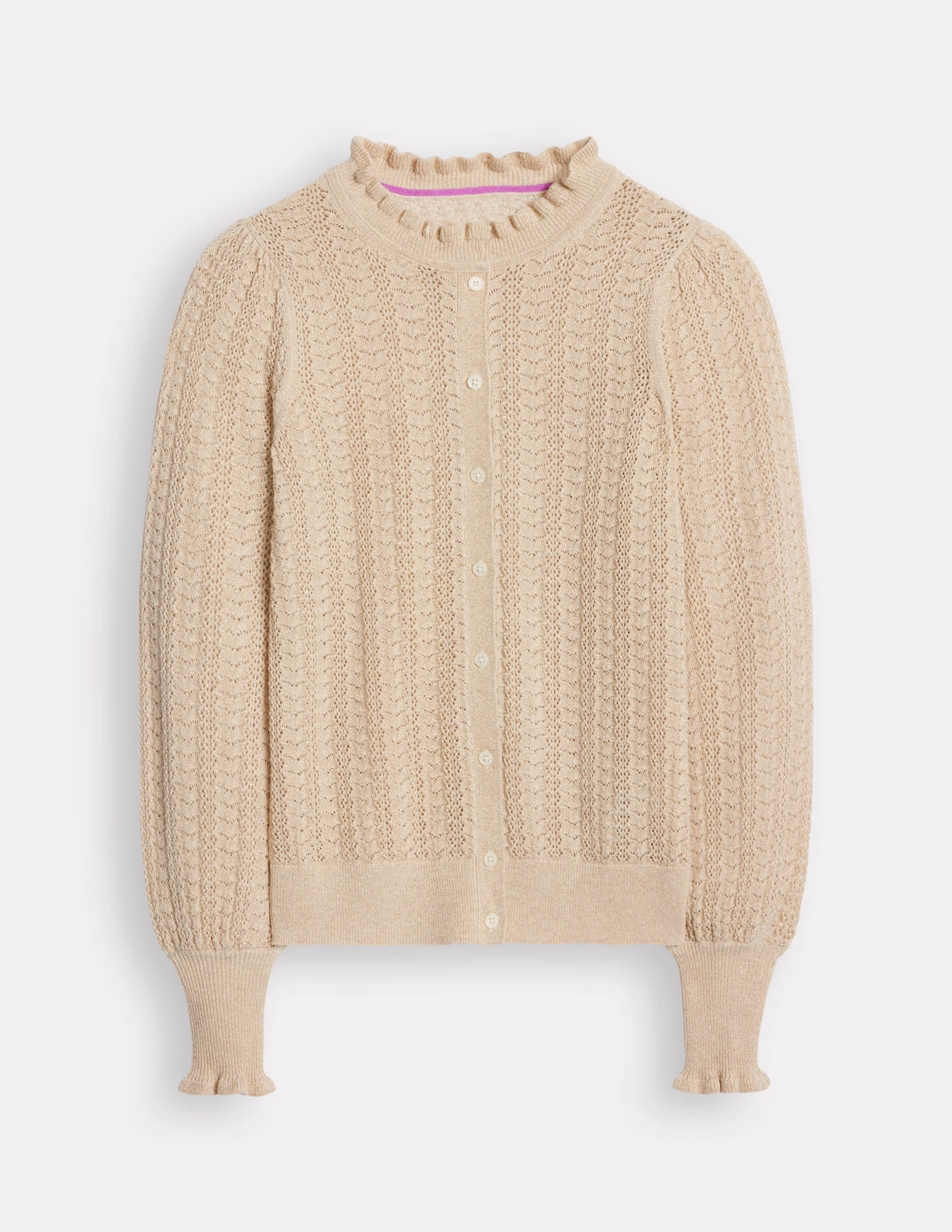 Tia Pointelle Frilled Cardigan-Gold Oatmeal Melange Soft Drape