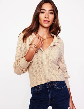 Street Style Tia Pointelle Frilled Cardigan-Gold Oatmeal Melange