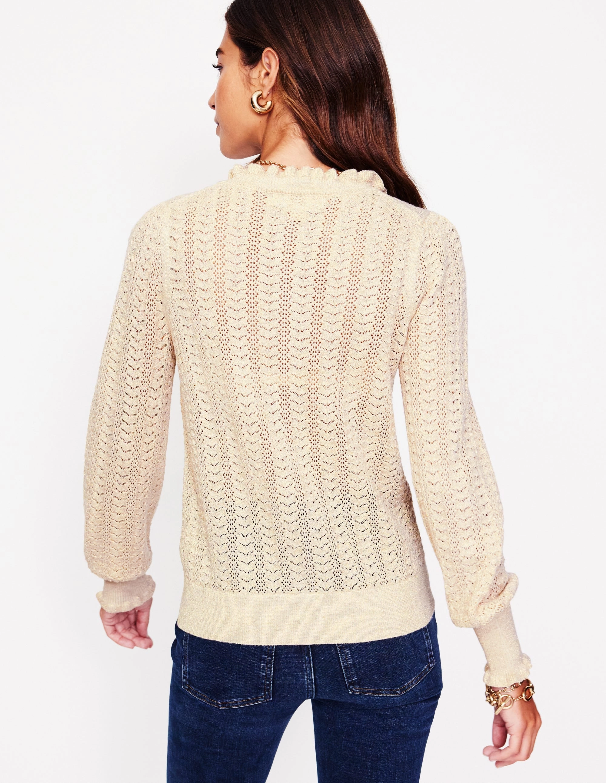 Skin Friendly Stitch Stay Simple Tia Pointelle Frilled Cardigan-Gold Oatmeal Melange