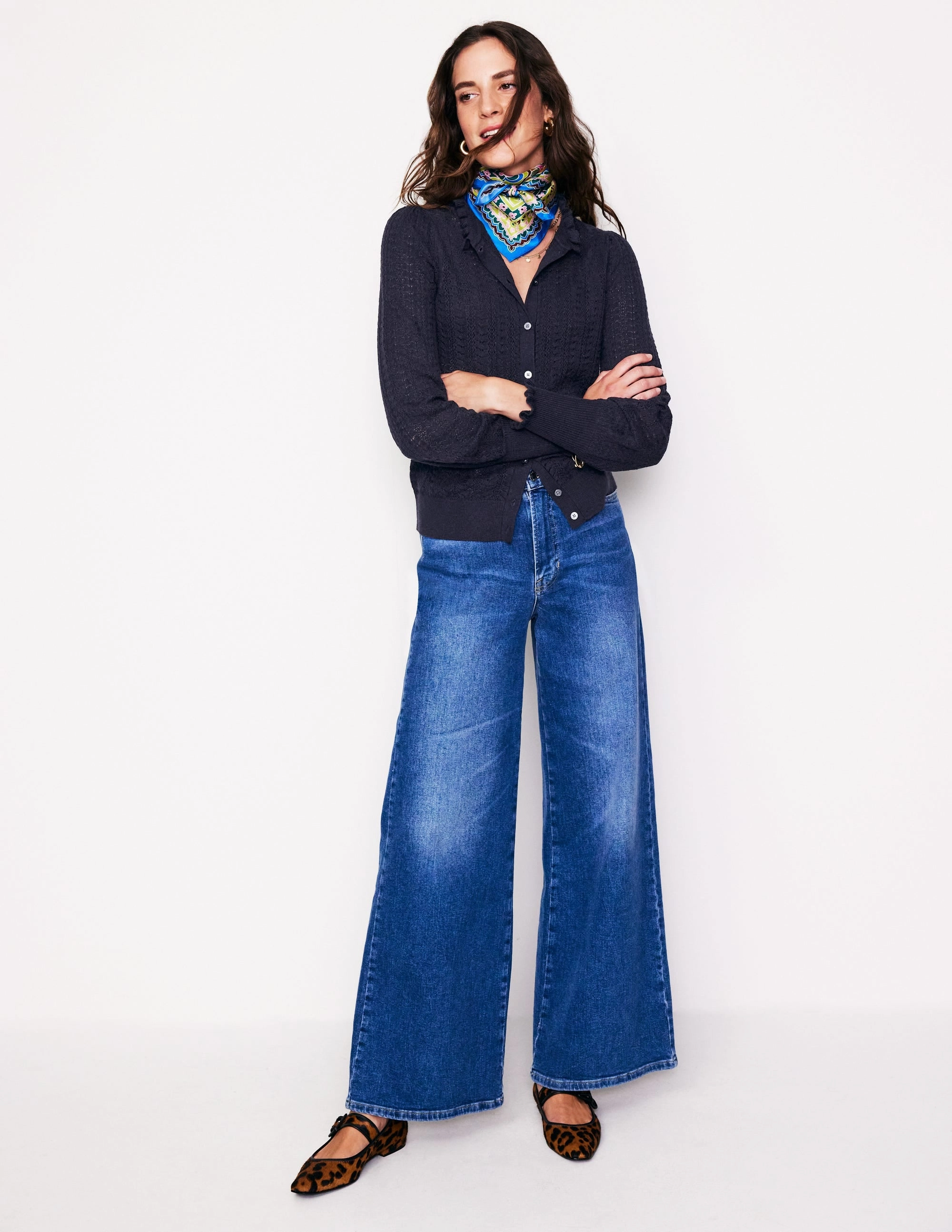 Tia Pointelle Frilled Cardigan-Navy Double Layered Collar