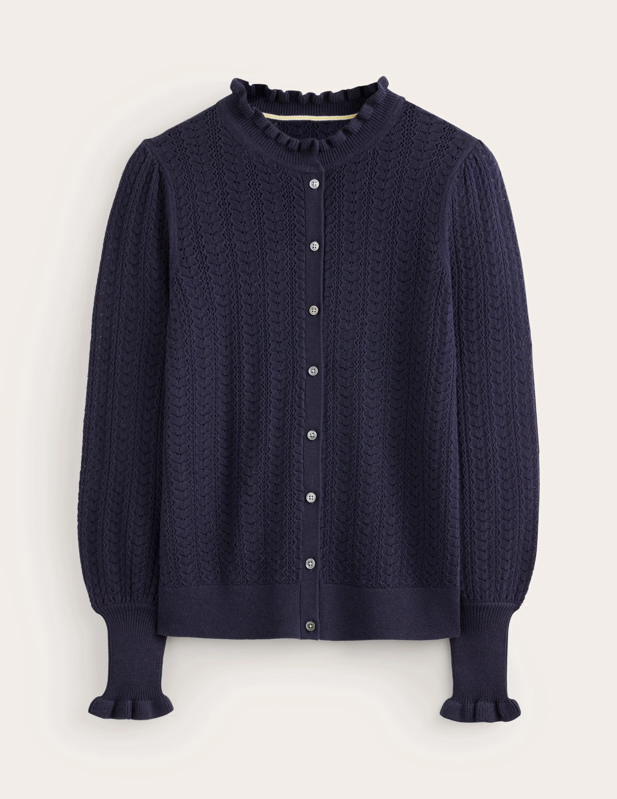 FourWay Stretch DropShoulder Design Tia Pointelle Frilled Cardigan-Navy