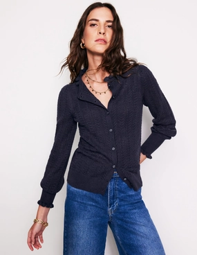 AntiSnag Yarn Technology Tia Pointelle Frilled Cardigan-Navy