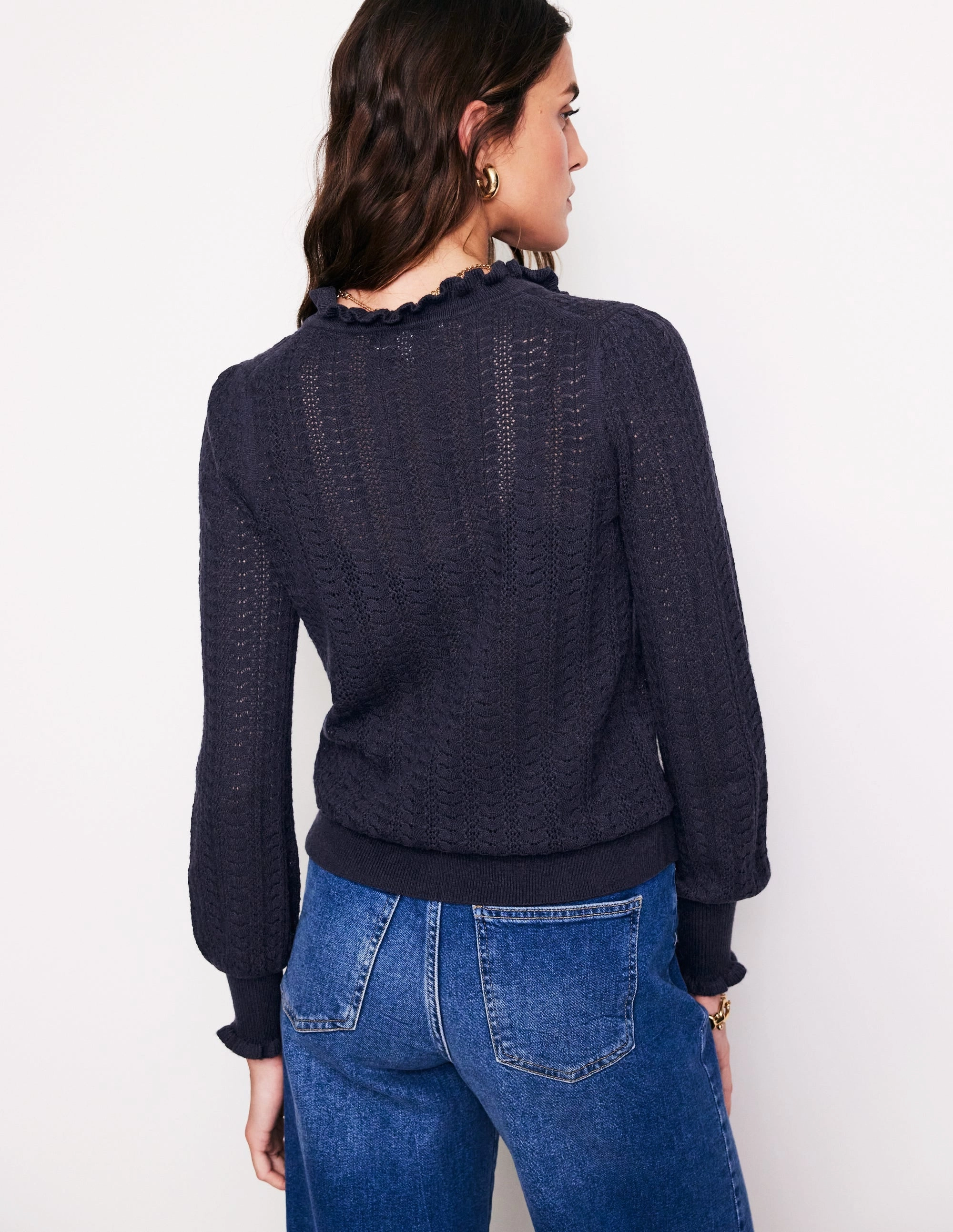 Tia Pointelle Frilled Cardigan-Navy Simple Casual Style Daily Warmth