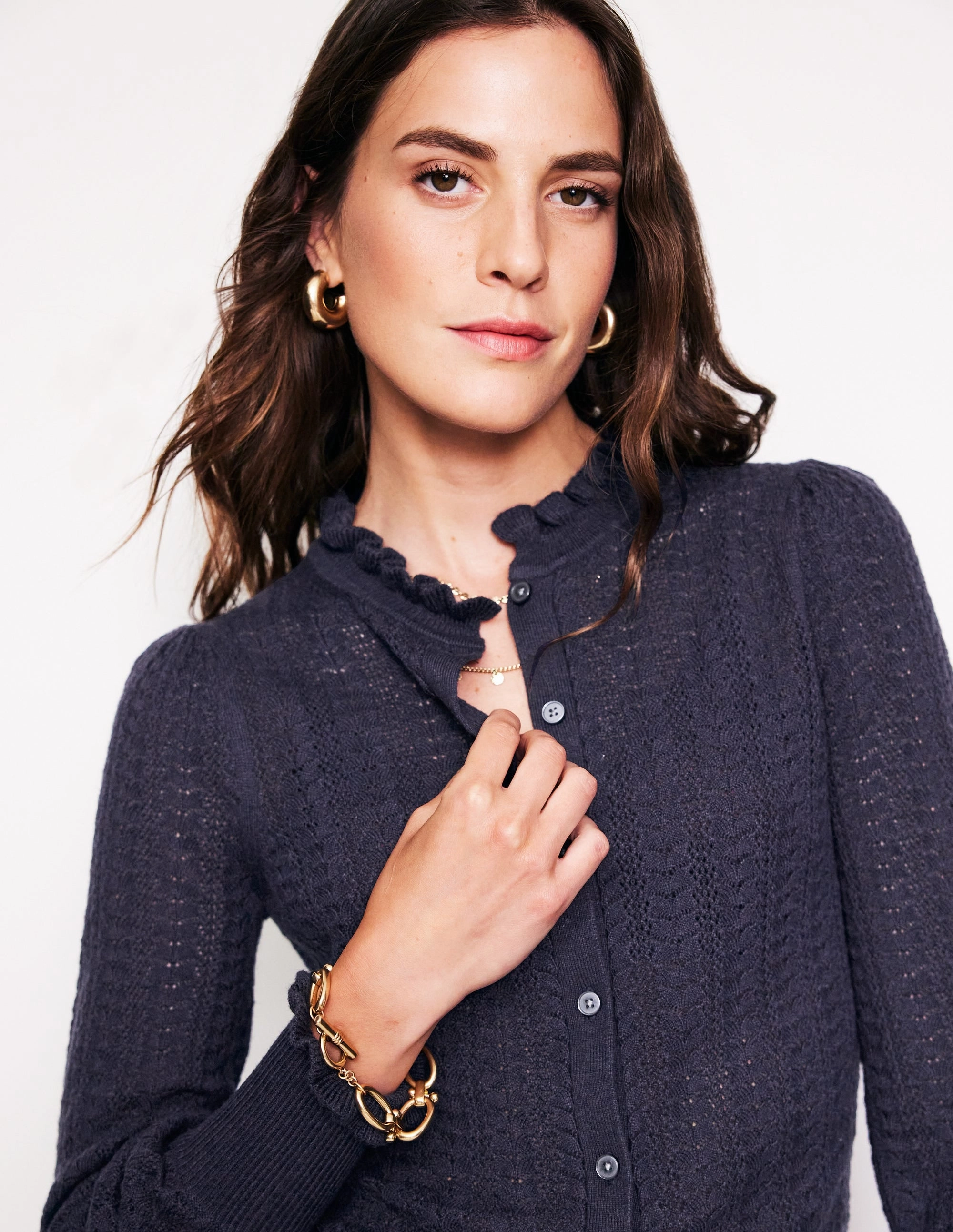 Tia Pointelle Frilled Cardigan-Navy Garment Shaping Panels Layered Knit Design