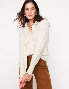 Natural Fiber Construction Tia Pointelle Frilled Cardigan-Warm Ivory