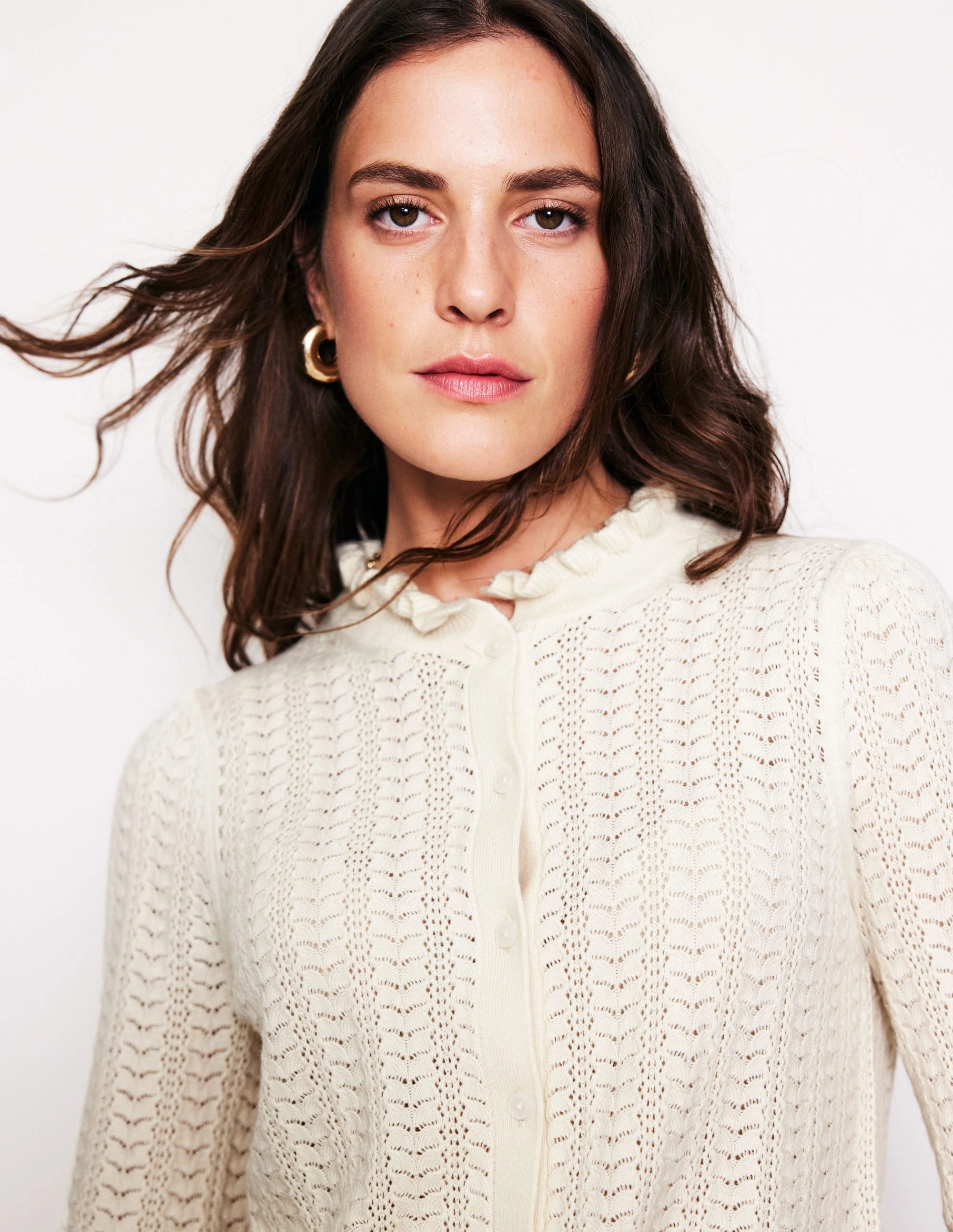 Tia Pointelle Frilled Cardigan-Warm Ivory YarnDyed Stripes Simple Piece