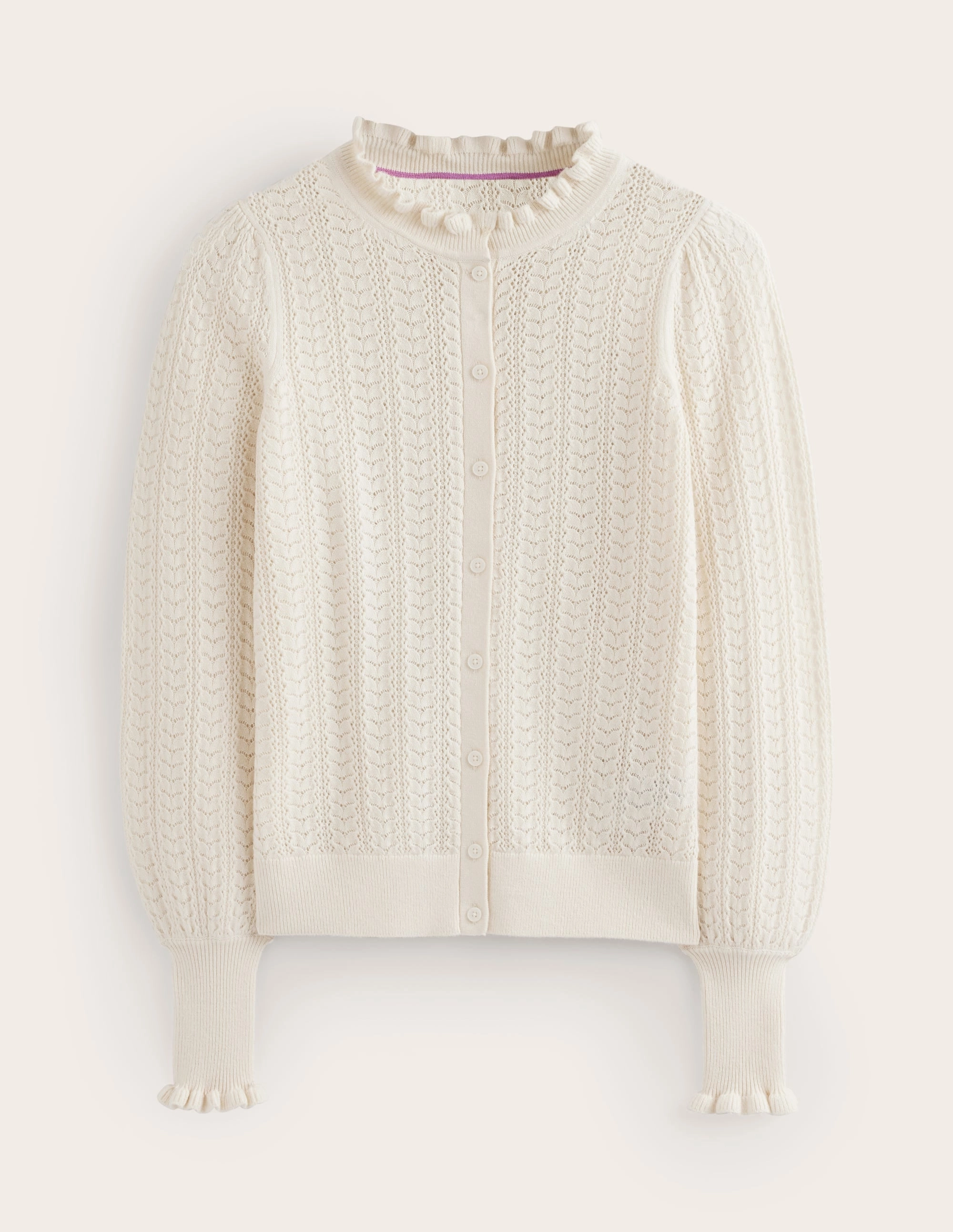 Water Repellent Finish Flexible Layer Tia Pointelle Frilled Cardigan-Warm Ivory