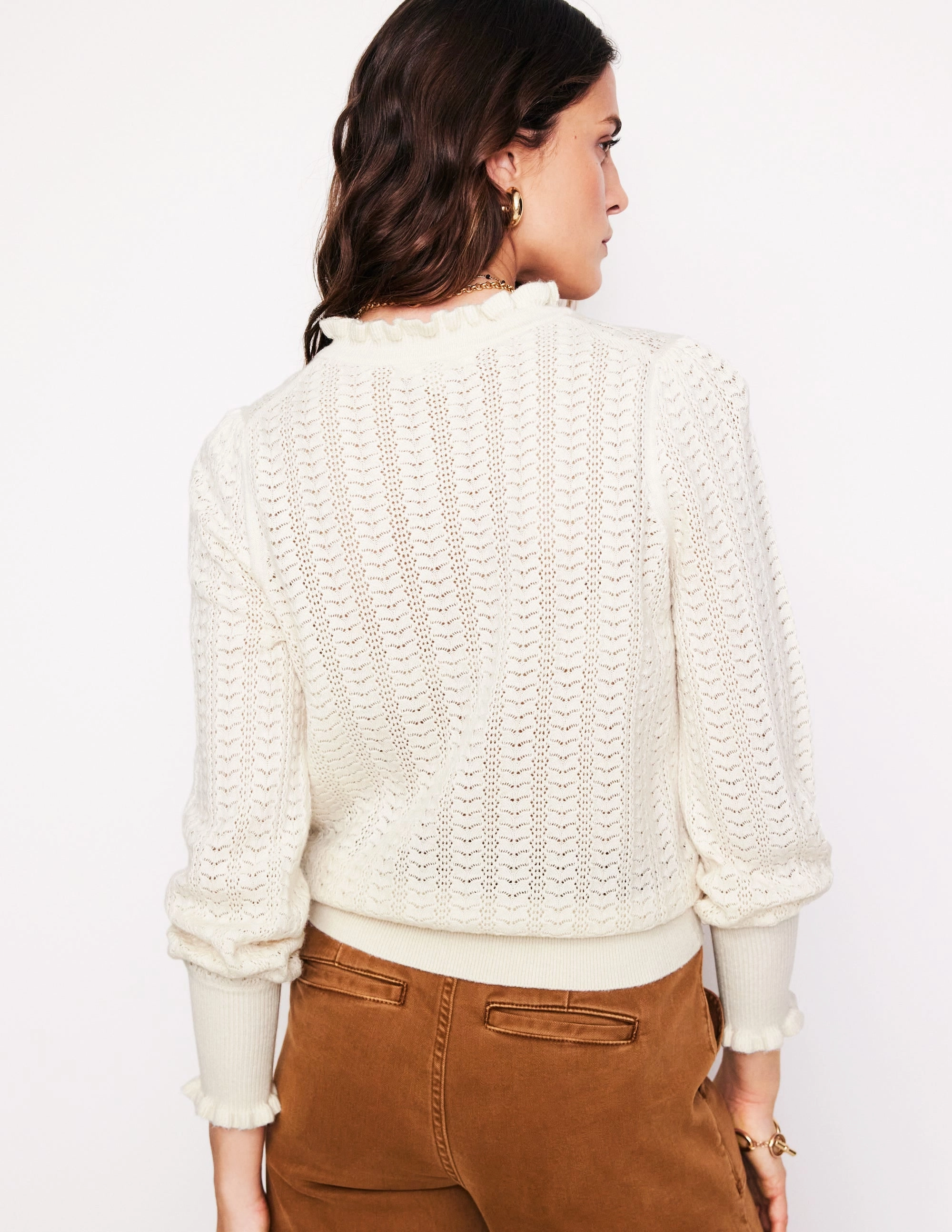 Tia Pointelle Frilled Cardigan-Warm Ivory Office Casual No Season