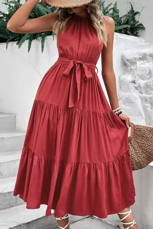 Trendy Silhouette Casual event outfit TIED WAIST TIERED HALTER DRESS