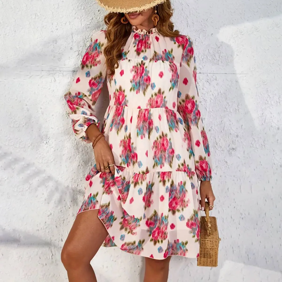 Simple Bow CHIFFON PRINT RUFFLED DRESS_CWDSD3590