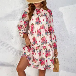 Simple Bow CHIFFON PRINT RUFFLED DRESS_CWDSD3590