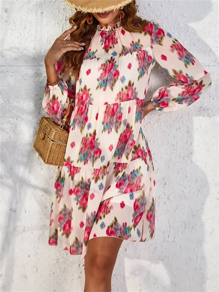 Chic formal attire CHIFFON PRINT RUFFLED DRESS_CWDSD3590