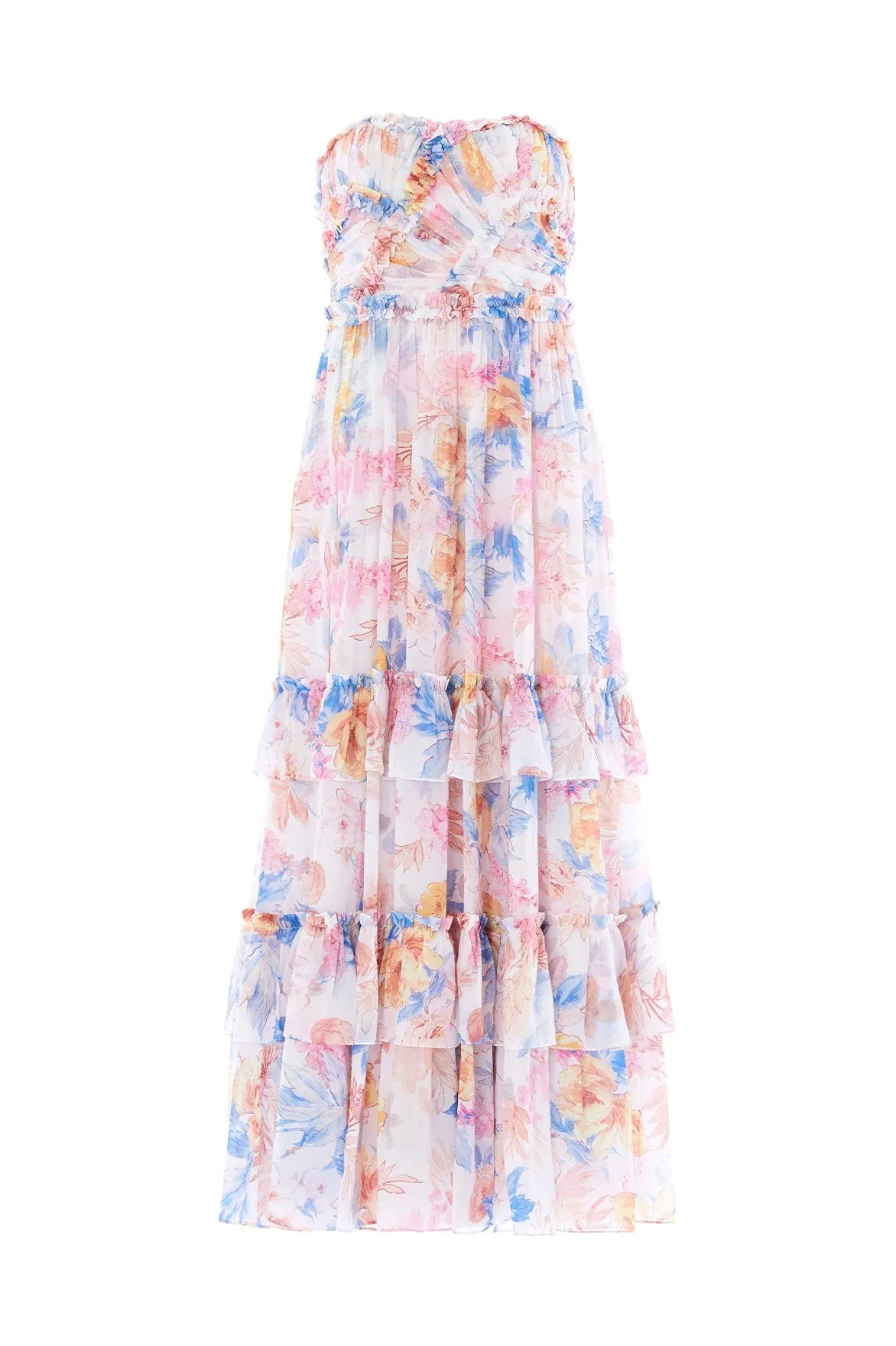 Young Edge Elegant Waistband Mariannes Floral Chiffon Strapless Ankle Gown