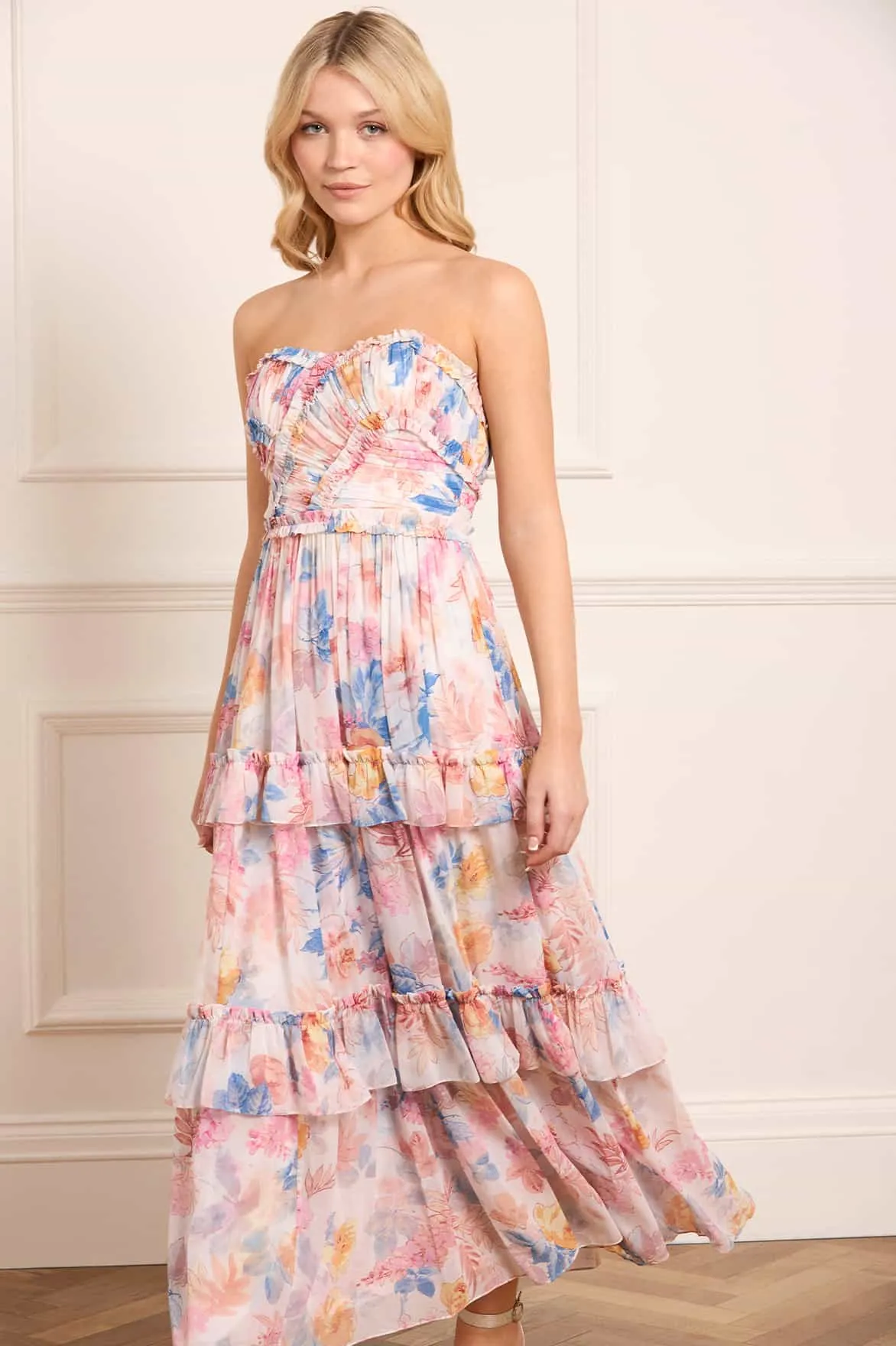 Subtle Look Professional Look Mariannes Floral Chiffon Strapless Ankle Gown