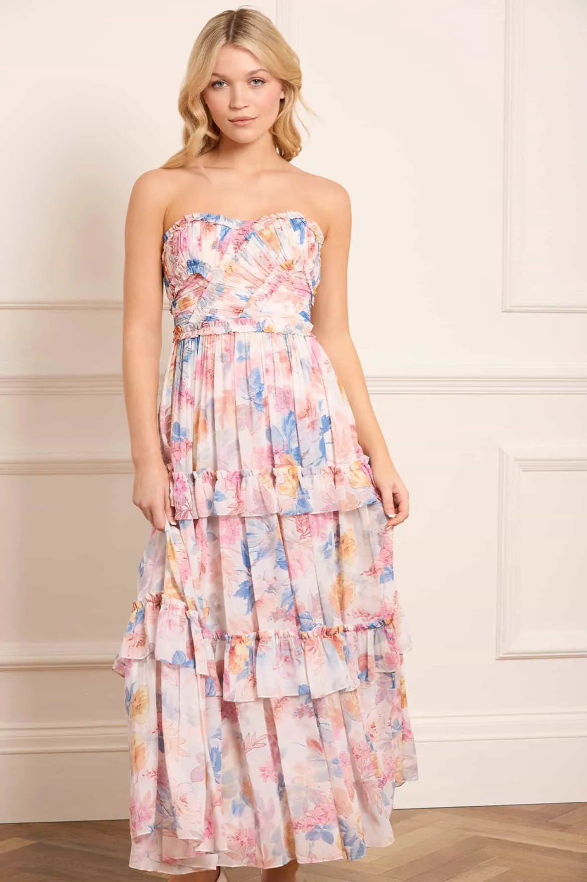 Versatile Design Elegant Comfort Mariannes Floral Chiffon Strapless Ankle Gown