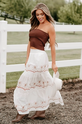 Cherry Blossom Breeze Tiered Maxi Skirt (White) Contoured Panel Design