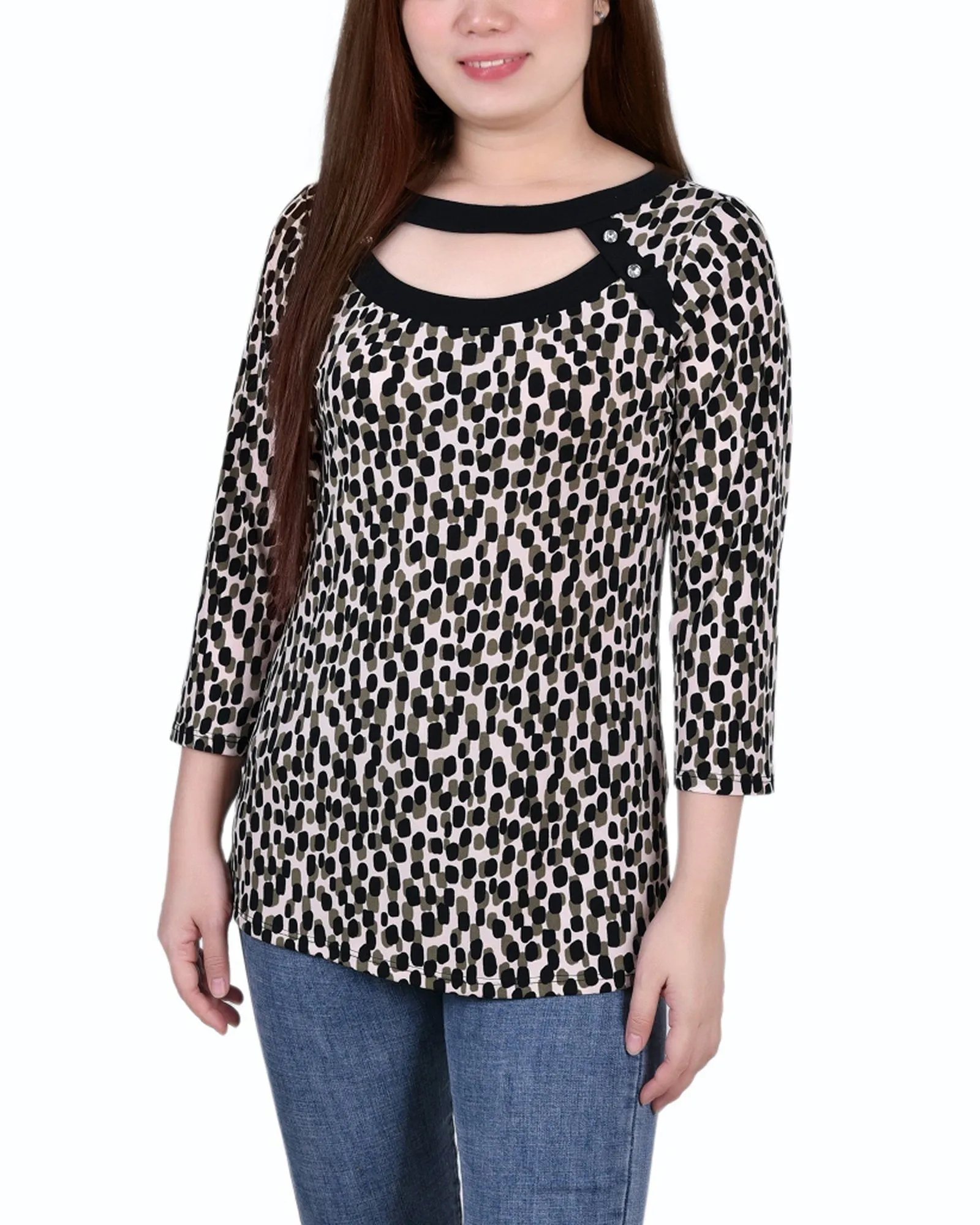 Sporty Top 3/4 Sleeve Top With Combo Bands And Front Cutout