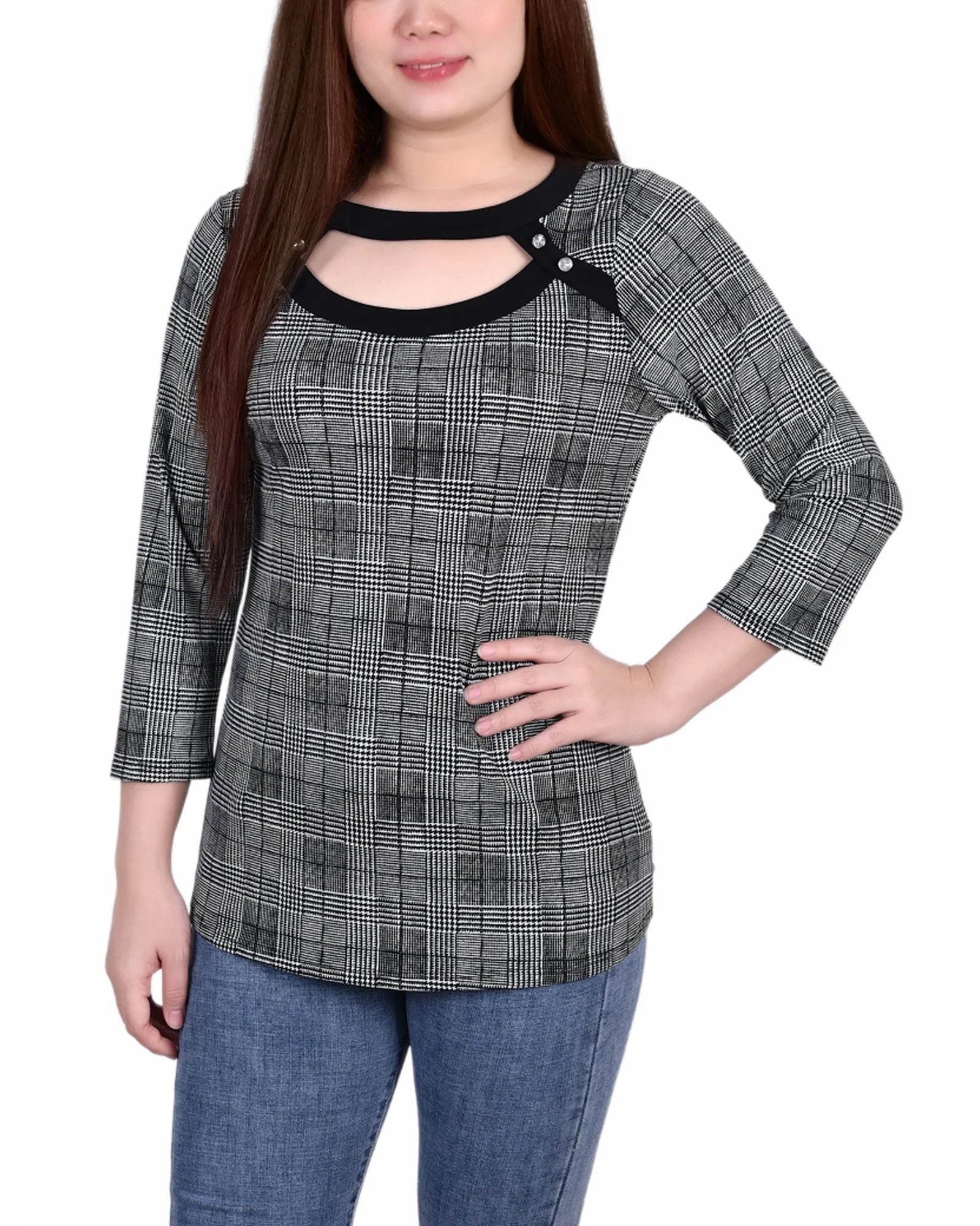 AllDayComfort 3/4 Sleeve Top With Combo Bands And Front Cutout