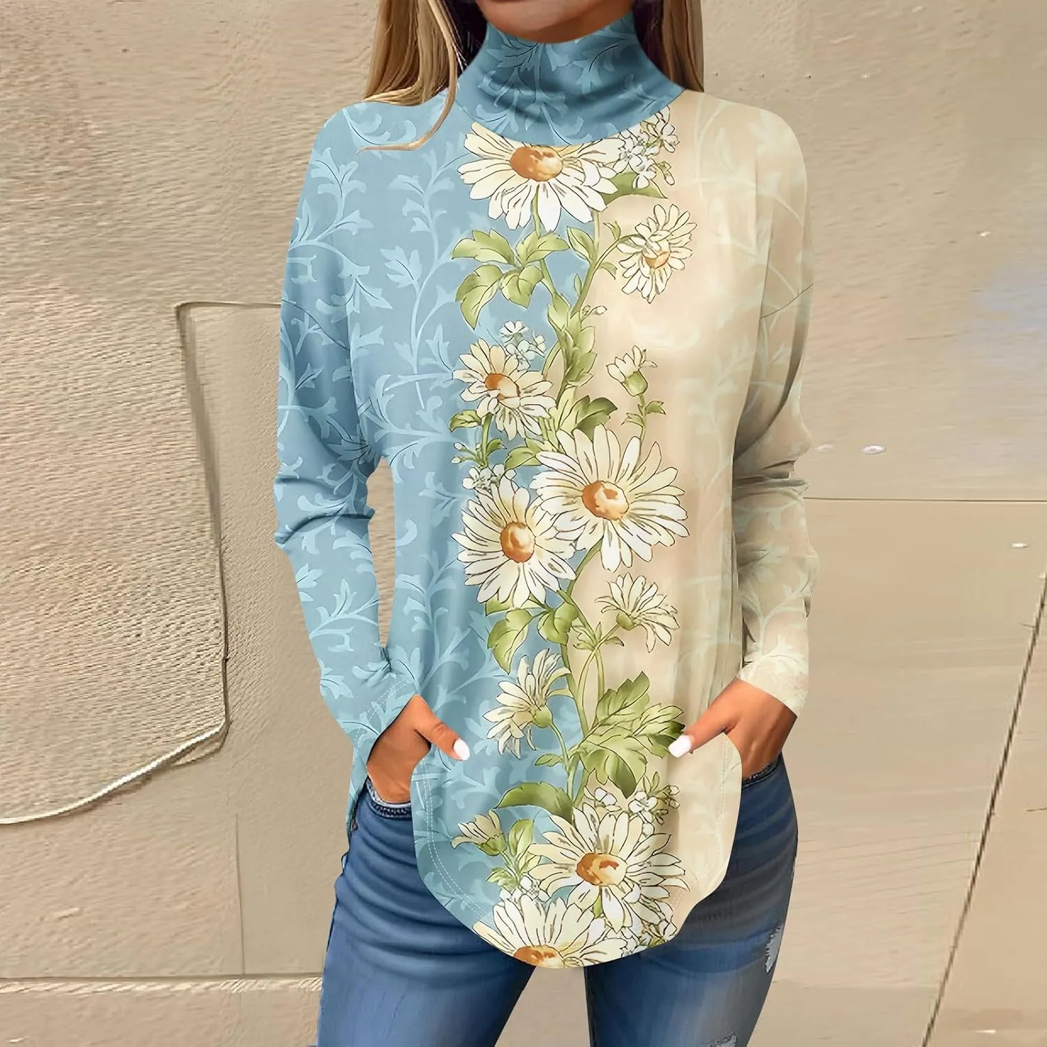 Tops for Women Trendy Long Sleeve Fall Blouses Printed Turtleneck Top Loose Winter Shirts Cozy Lightweight T Shirts