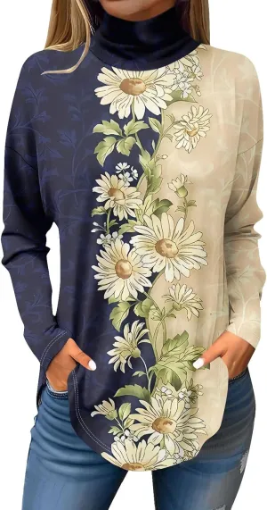 Tops for Women Trendy Long Sleeve Fall Blouses Printed Turtleneck Top Loose Winter Shirts Cozy Lightweight T Shirts