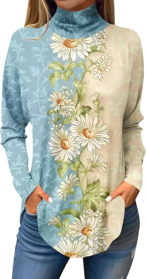 Tops for Women Trendy Long Sleeve Fall Blouses Printed Turtleneck Top Loose Winter Shirts Cozy Lightweight T Shirts