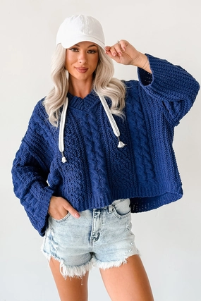 Sporty Cardigan FrenchTerry Total Ease Zenana Cable Knit Sweater Hoodie (Light Navy)