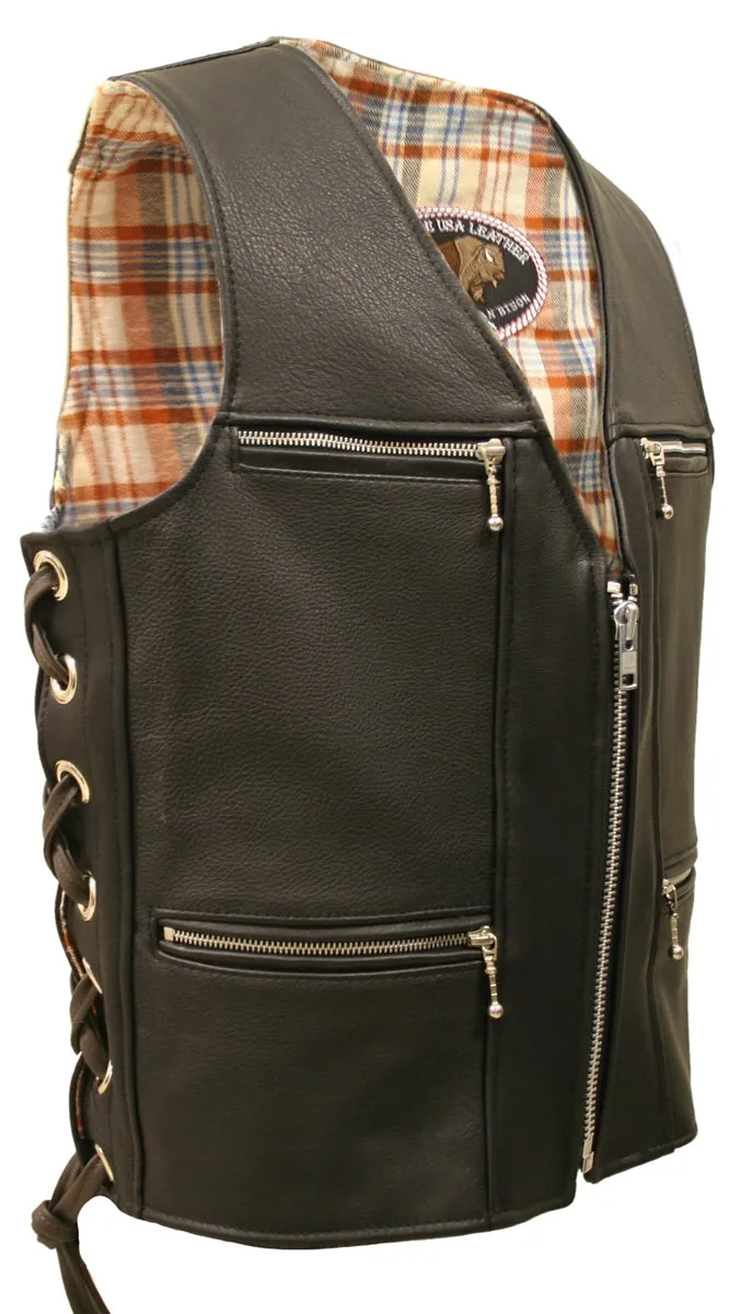 Touring American Bison Leather Vest - Black
