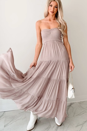 Smooth Line Brunch Glow Trading Smiles Strapless Tiered Maxi Dress (Dark Mauve)
