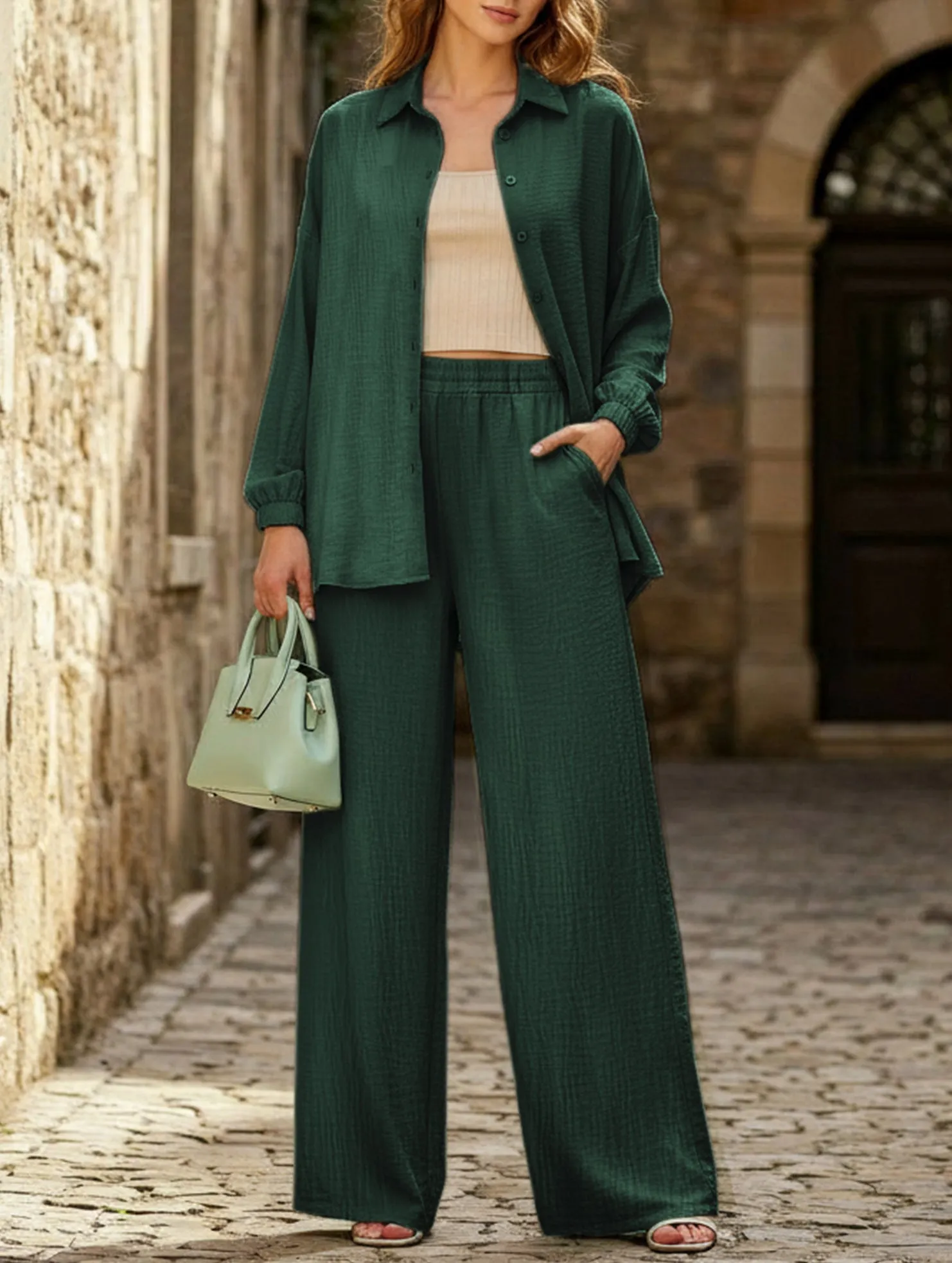 Long-sleeved lapel shirt and trousers suit AntiSlipWaistband