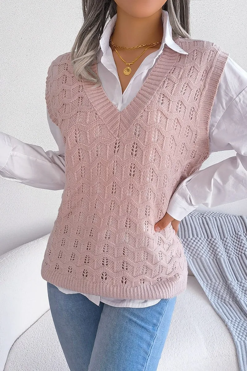 WOMEN CABLE KNITTED RIBBED V NECK SWEAT VEST Sporty Design Thermal Regulation Fabric