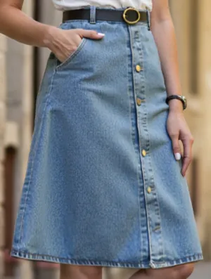 elastic waistband Washed denim button-down skirt