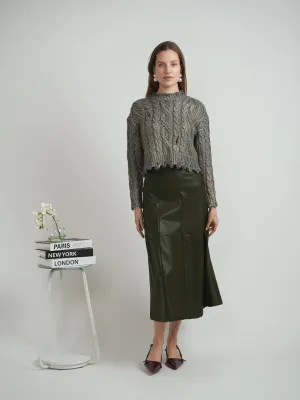 Versatile olive Leather paneled midi Skirt WB4CM1074SM Smart Design Celebrity Style