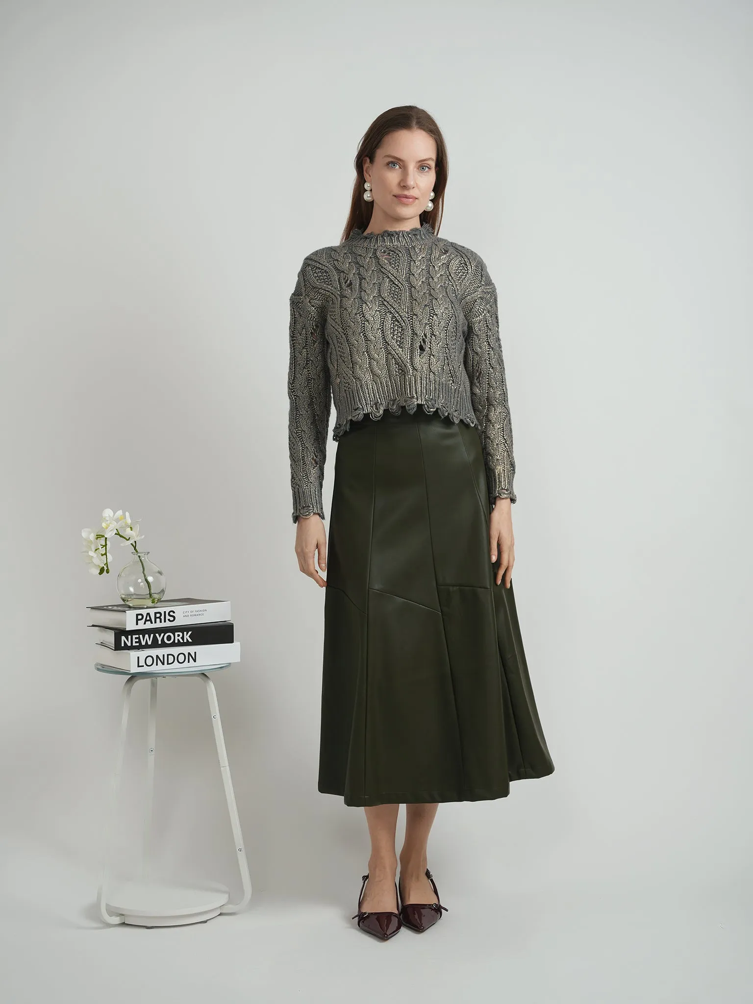 Versatile olive Leather paneled midi Skirt WB4CM1074SM Lightweight Material Modern Combo