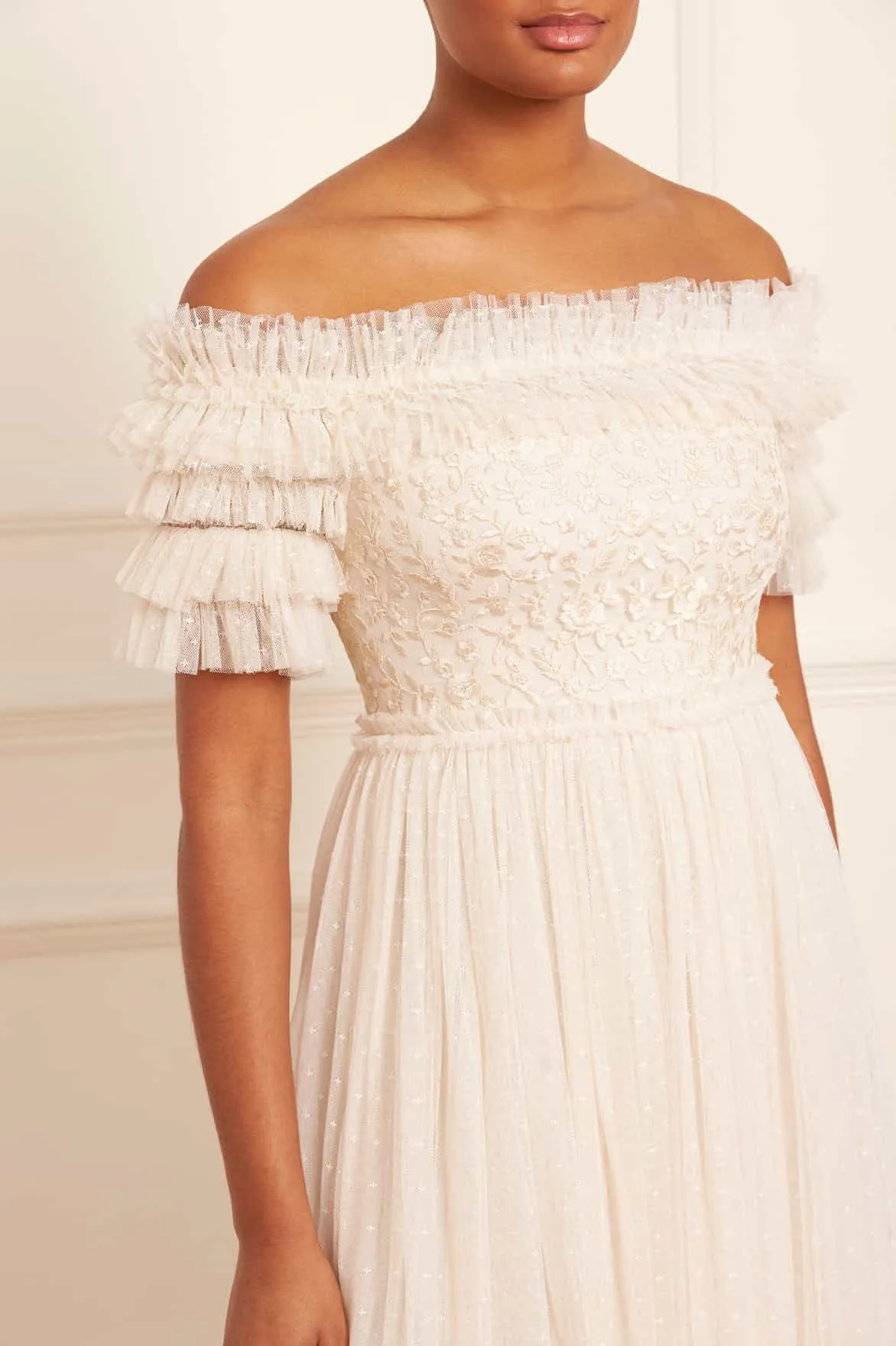 Midsummer Lace Bodice Off-Shoulder Ankle Gown Soft Layers Travel Option