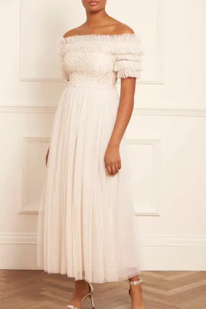 breathable-mesh Back Glow Midsummer Lace Bodice Off-Shoulder Ankle Gown