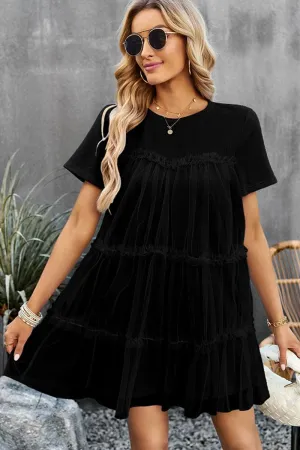 ROUND NECK GAUZE SPLICING SHORT DRESS Scoop-Neck