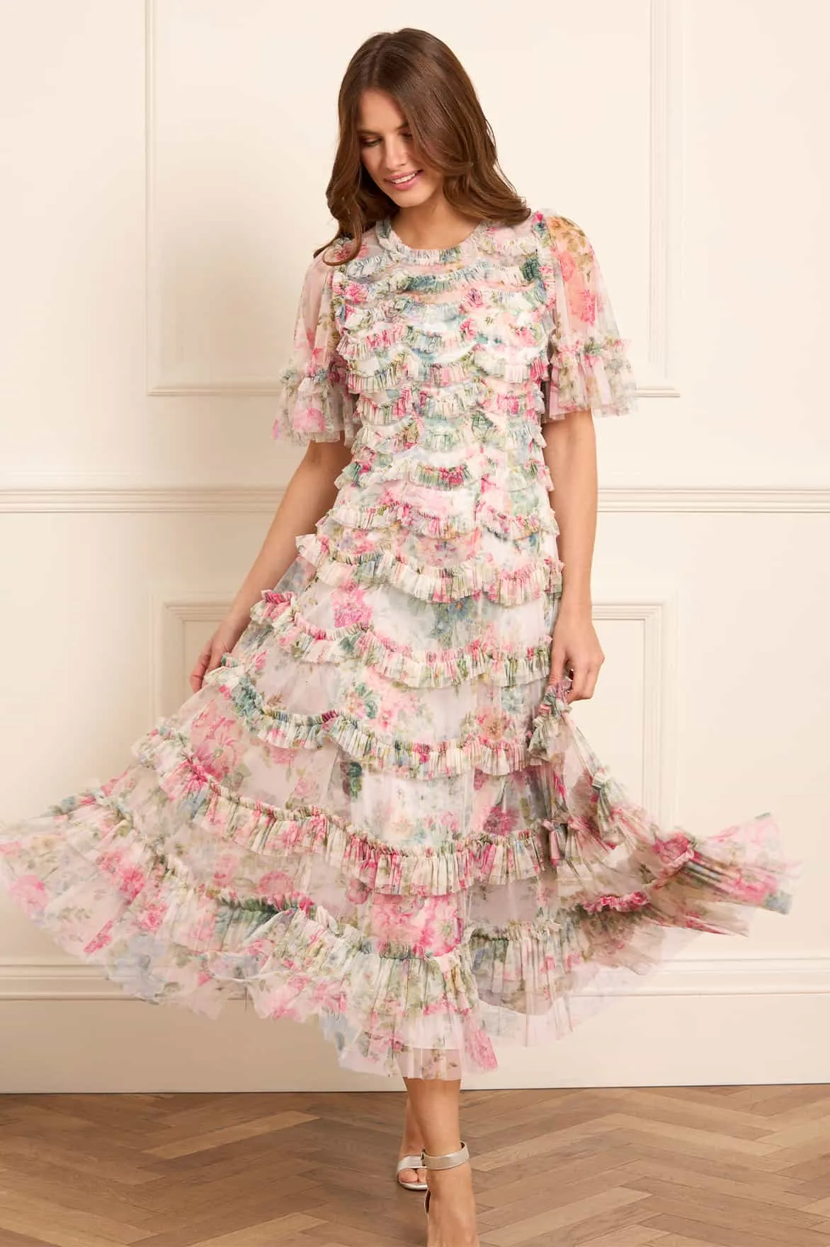 Lawn Soft Smart Casual Floral Romance Round Neck Ballerina Dress