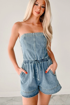 Slit-Hem High Noon Honey Strapless Denim Romper (Light Denim)