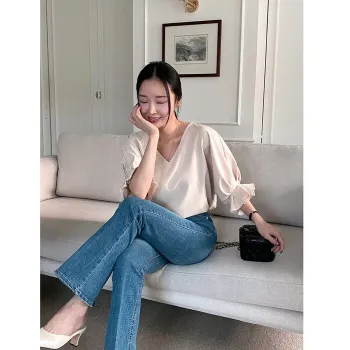 Trendywhere V-Neck Loose Fit Ruffle Blouse