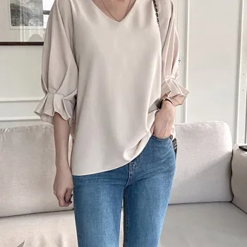 Trendywhere V-Neck Loose Fit Ruffle Blouse