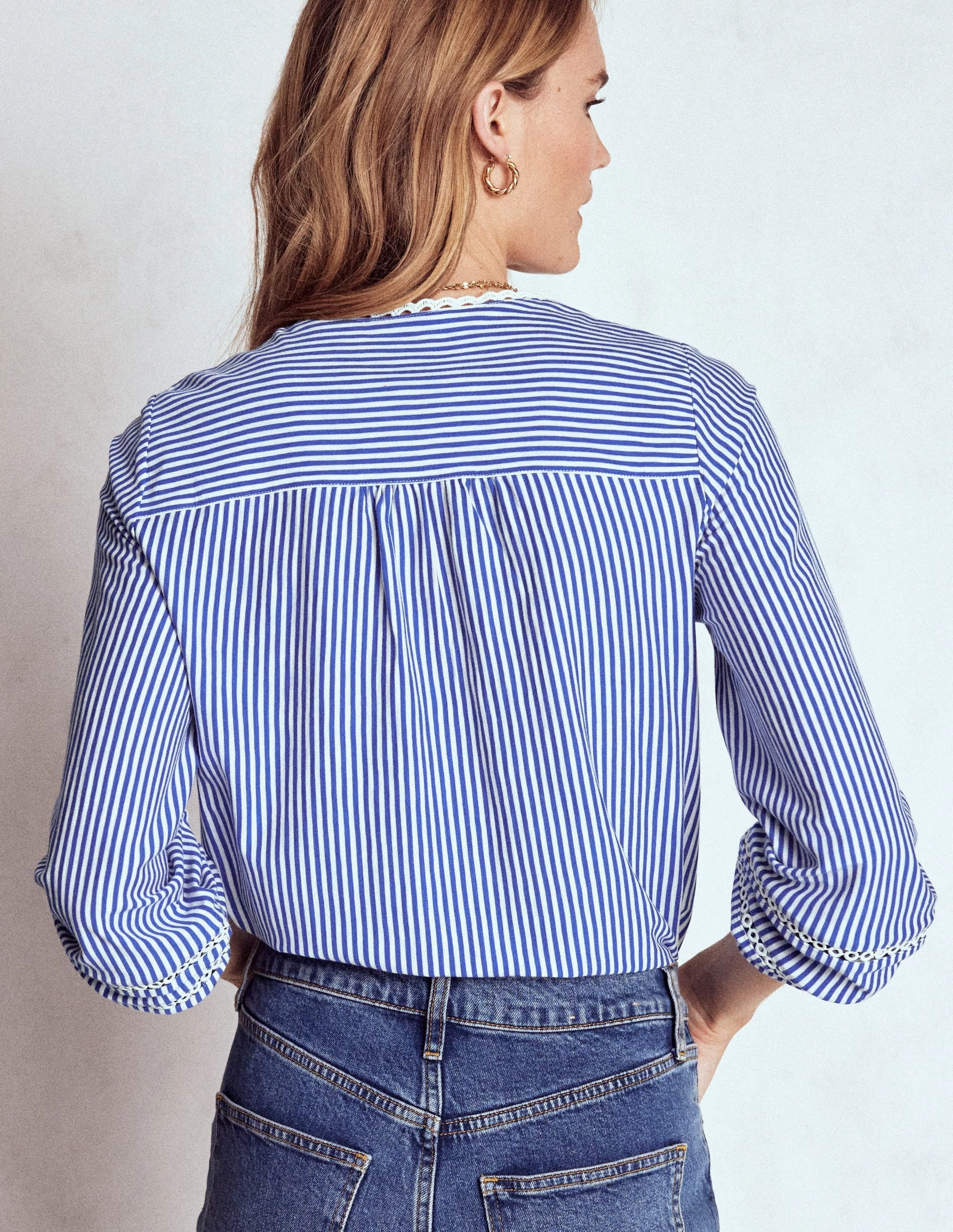 Trim Detail Jersey Shirt-Bright Blue, Ivory Stripe CompressionFit