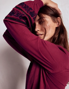 Trim Detail Jersey Shirt-Rumba Red, Navy Emb Curved Hem LightweightWeave