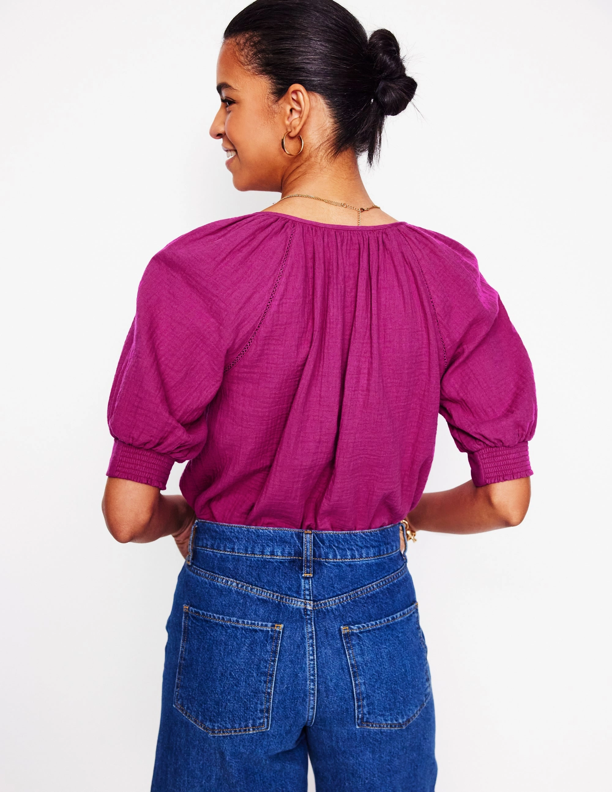 sporty wear Trim Insert Double Cloth Top-Fuschia