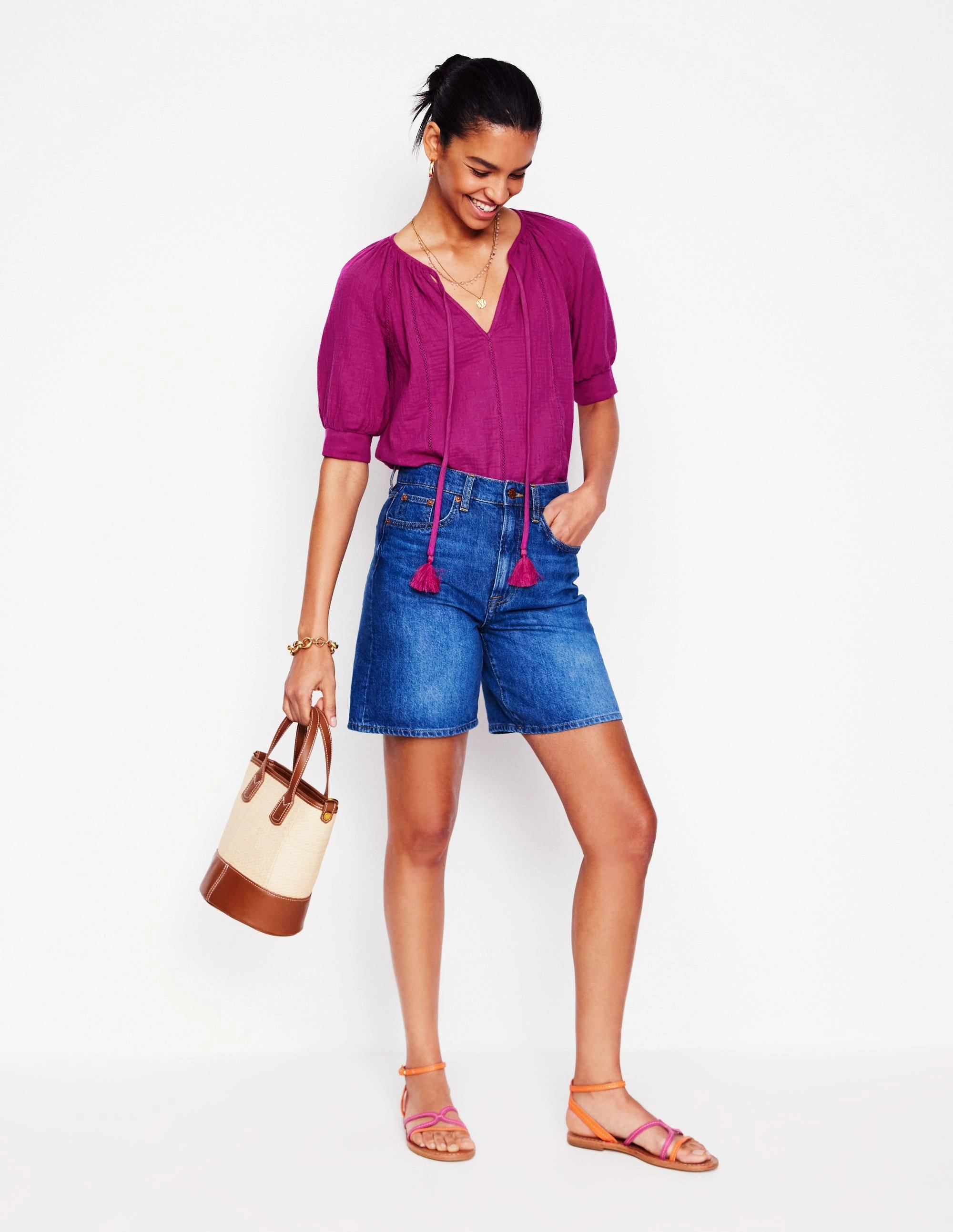 Trim Insert Double Cloth Top-Fuschia Fleece Pullover